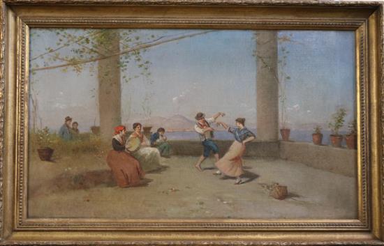 Late 19th century Italian School Figures dancing on a terrace overlooking the bay of Naples 13.5 x 23.5in.